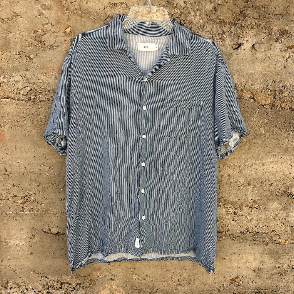 Onia Men's Green Teal Striped Short Sleeve Button Up Vacation Cotton Blend Sz L